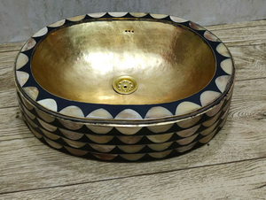 LAMIA Moroccan Handcrafted Oval Sink – Brass, Wood & Resin