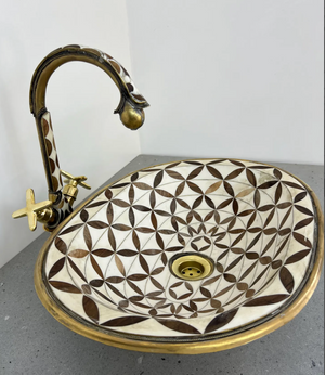 HUDA Moroccan Handcrafted Oval Sink – Brass, Wood & Resin
