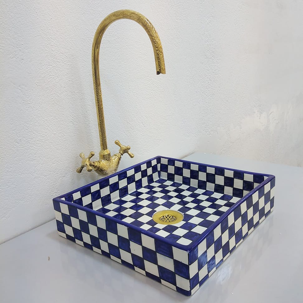 Hand-painted square Moroccan ceramic sink with geometric design