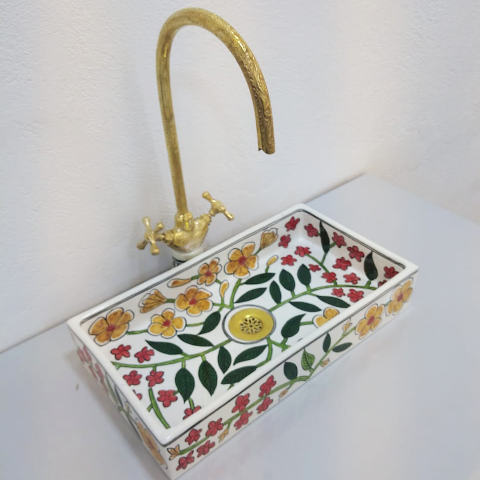 view of glazed Moroccan basin with multicolour floral patterns