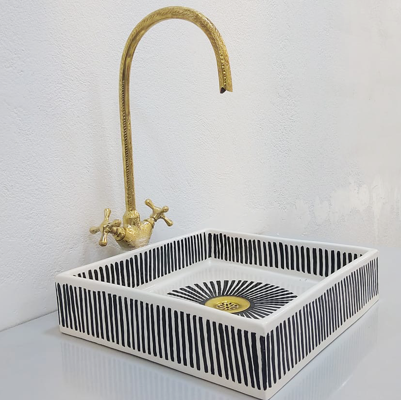 Hand-painted square Moroccan ceramic sink with geometric green design