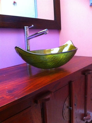 Glass Green Leaf Shape Bathroom Sink