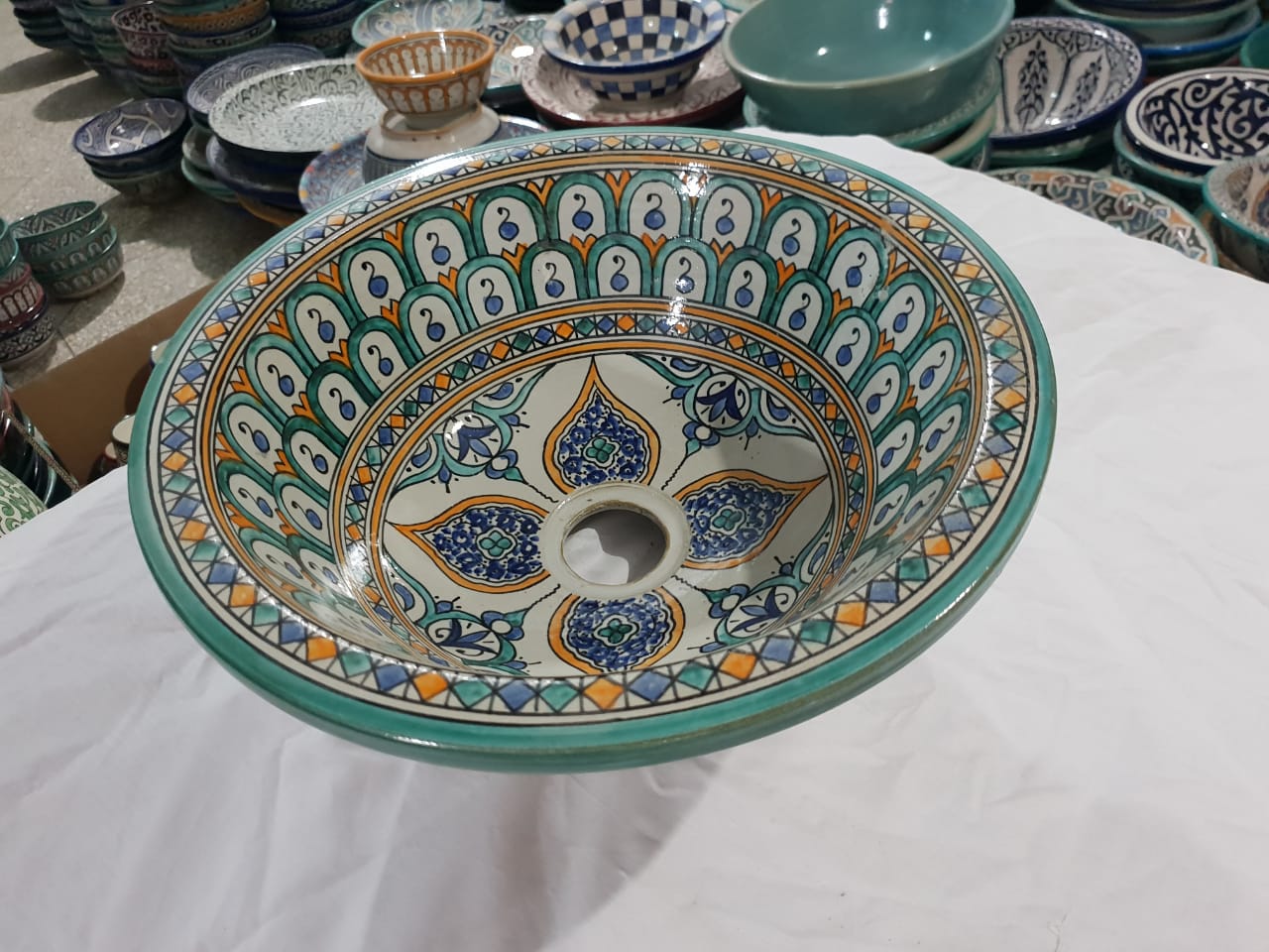 Hand-painted Moroccan round ceramic basin drop-in