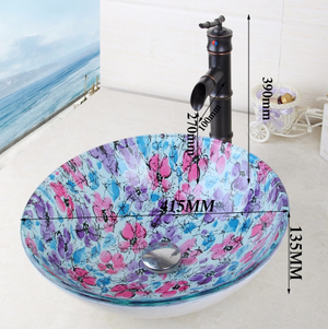 Floral glass round glass bathroom vessel basin - Unique Sinks