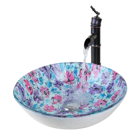 Floral glass round glass bathroom vessel basin - Unique Sinks