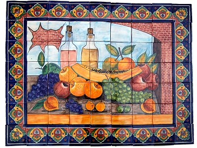 Hand-painted Mexican Talavera clay tile mural featuring fruit bowl bodegon.